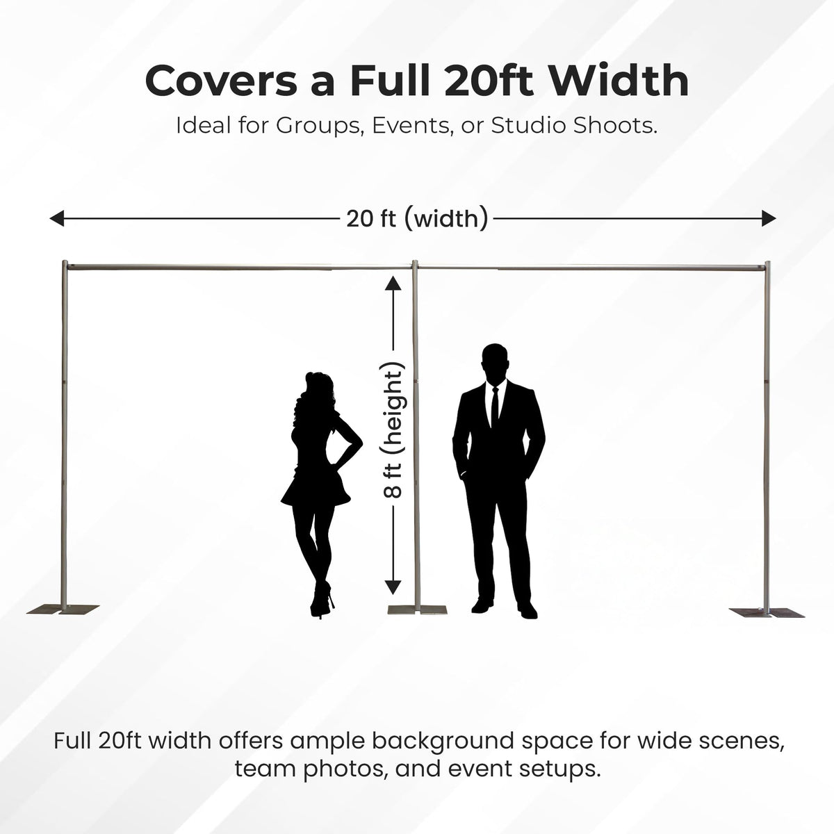 8 Foot Tall Fixed Height Portable Pipe and Drape Backdrop Kit, 8ft x 20ft Breakapart, Black Drapes (BBD9990820CDPR750)