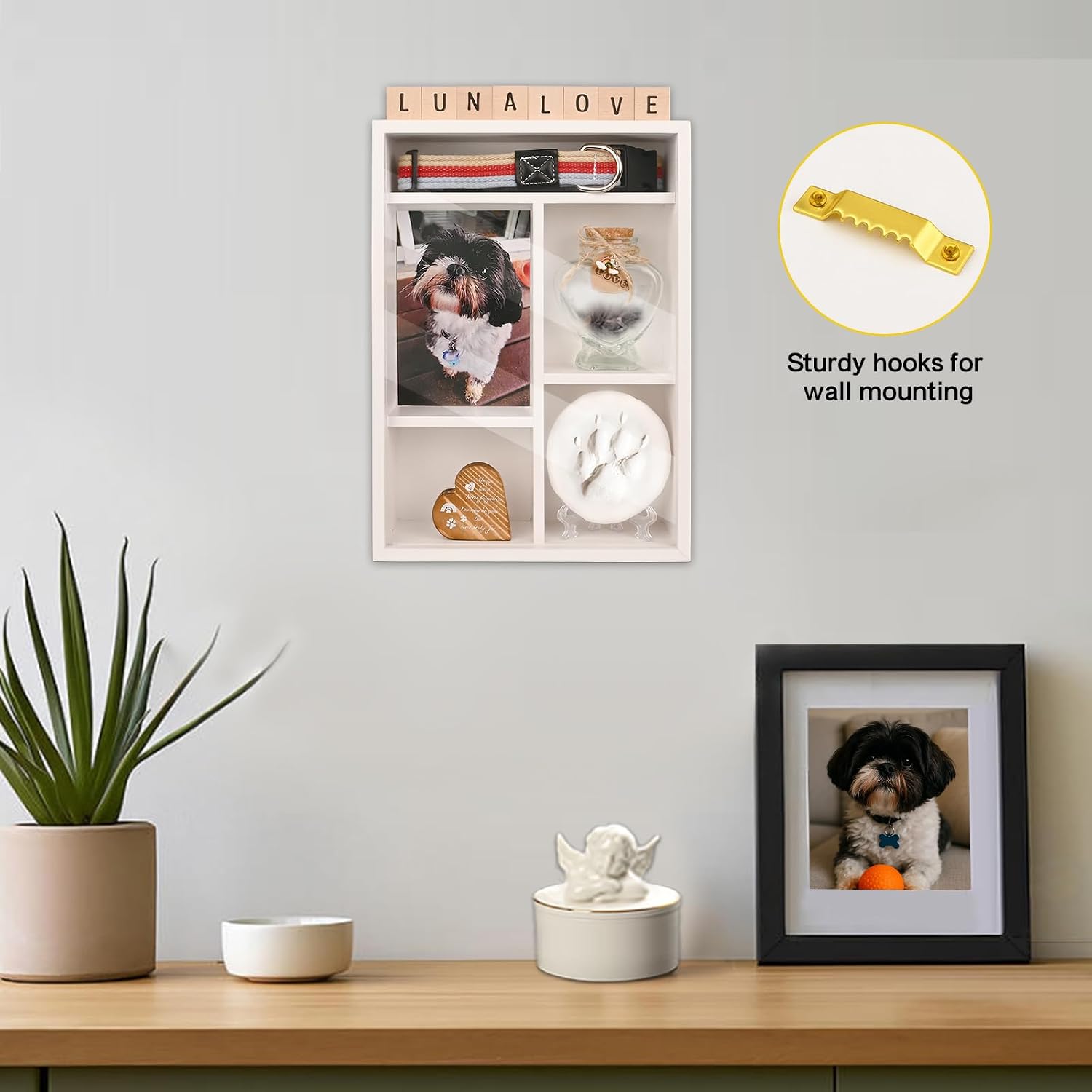 Pet Memorial Shadow Box with Shelves for Loss of Dog Cat Memorial Gifts 4X6 Picture Frame Paw Print Kit Fur Keepsake