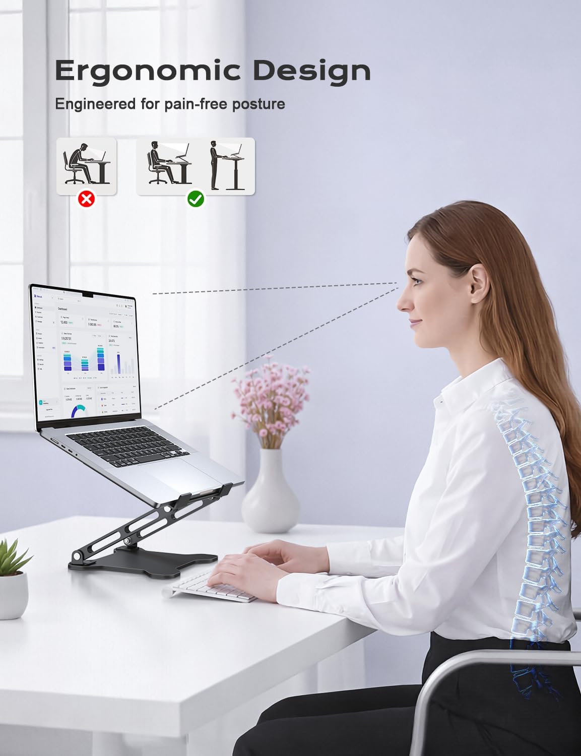 Adjustable Laptop Stand for Desk, Metal Foldable Laptop Riser Holder, Portable Ventilated Cooling Desk Book Shelf