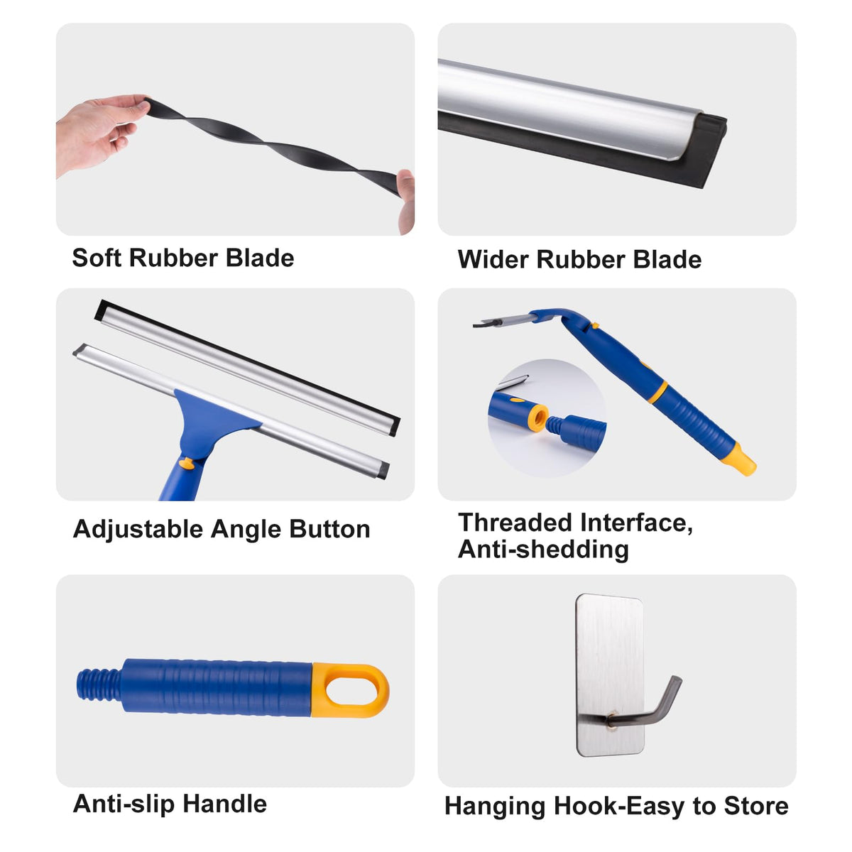 12 inch Rotatable Shower Squeegee for Glass Doors, Multi-Purpose Window Squeegee with Hook & Refill Rubber Blade