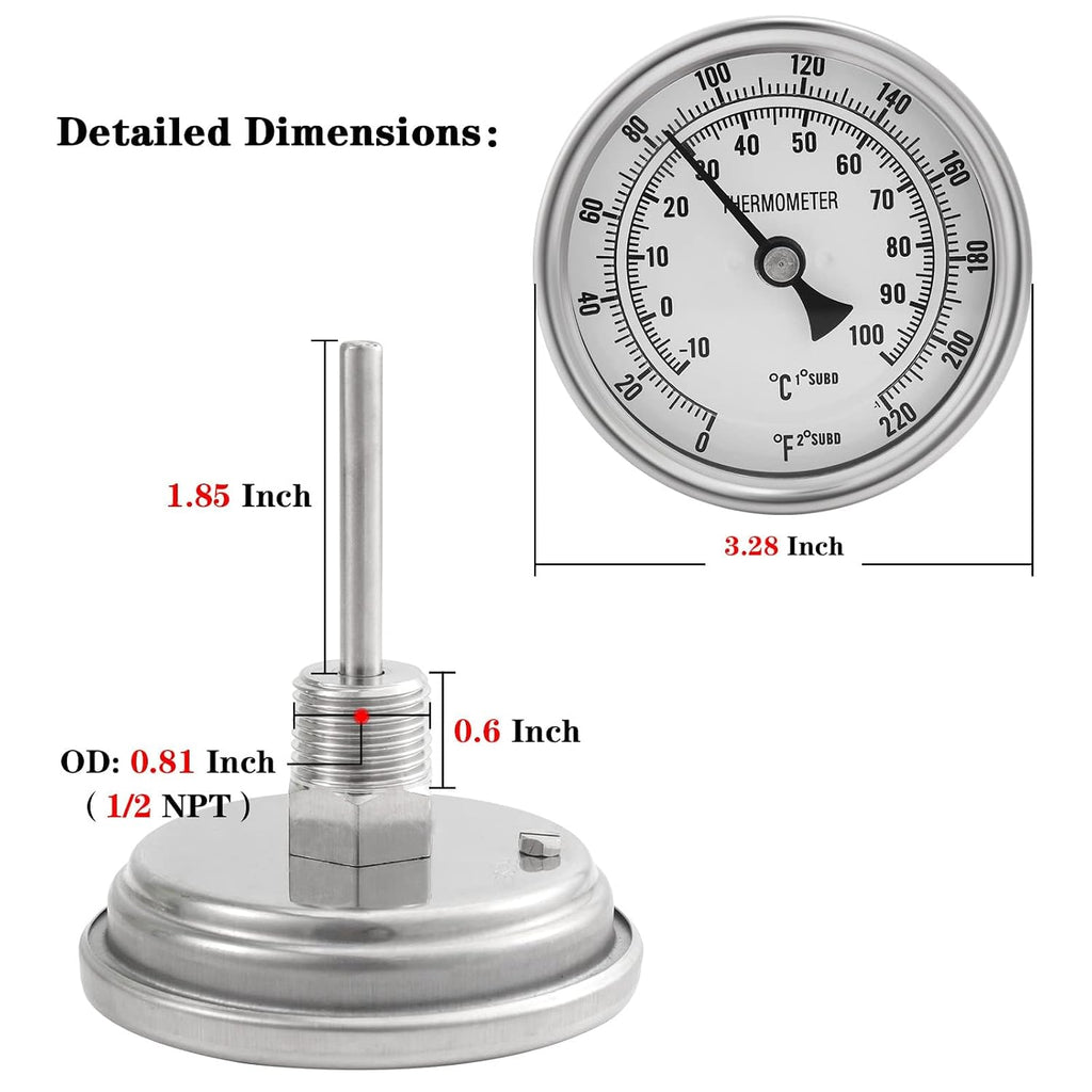 FERRODAY 3" Dial 2" Probe 1/2 NPT Stainless Steel Dial Kettle Thermometer