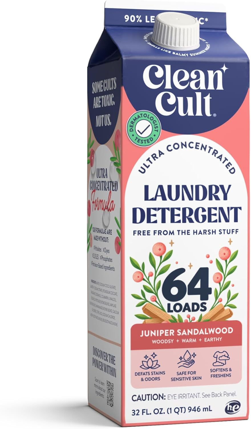 Ultra Concentrated Liquid Laundry Detergent Soap, 64 loads (32 oz), Long Lasting Scent, 90% Less Plastic, No Harsh
