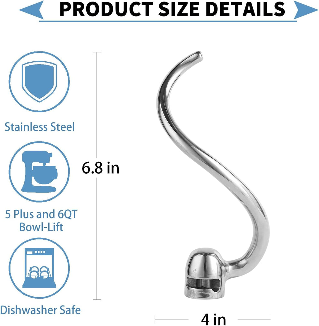 Stainless Steel Spiral Dough Hook for KitchenAid 5 Plus-6QT Mixer