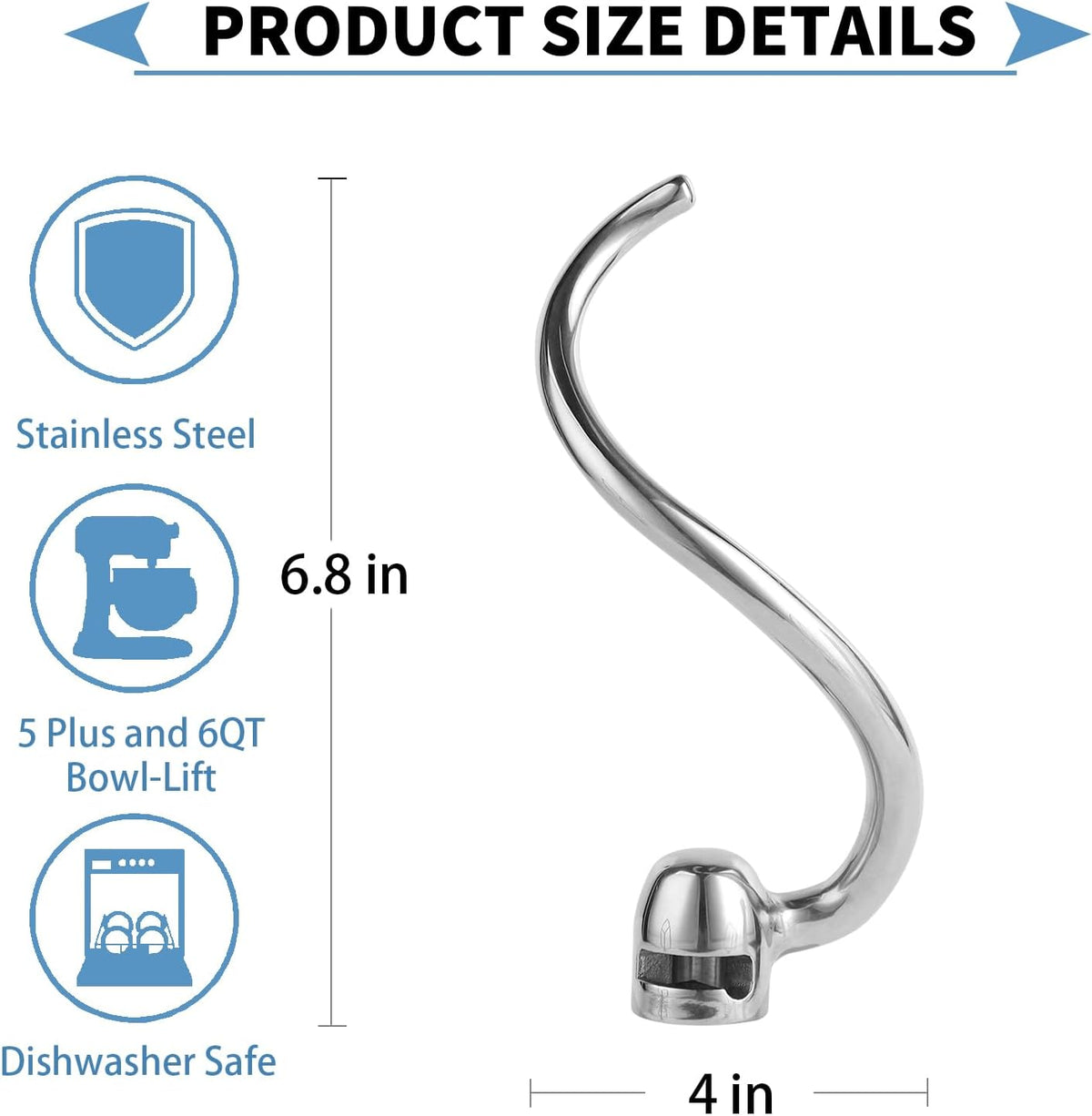 Stainless Steel Spiral Dough Hook for KitchenAid 5 Plus-6QT Mixer