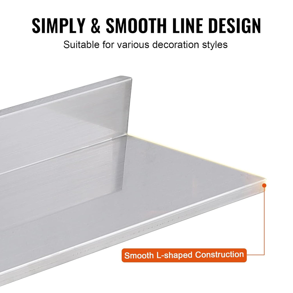 8.6" x 30" -2 Pack Stainless Steel Shelf, Wall Mounted Floating Shelving with Backsplash, 44 lbs Load Capacity