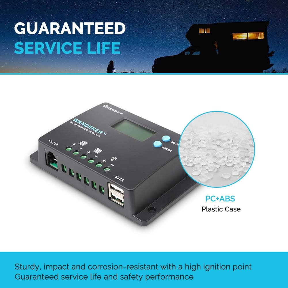 Wanderer 10A PWM Solar Charge Controller 12/24V for Solar Panels | 50V PV input, AGM/Gel/Flooded (auto), Li (manual)