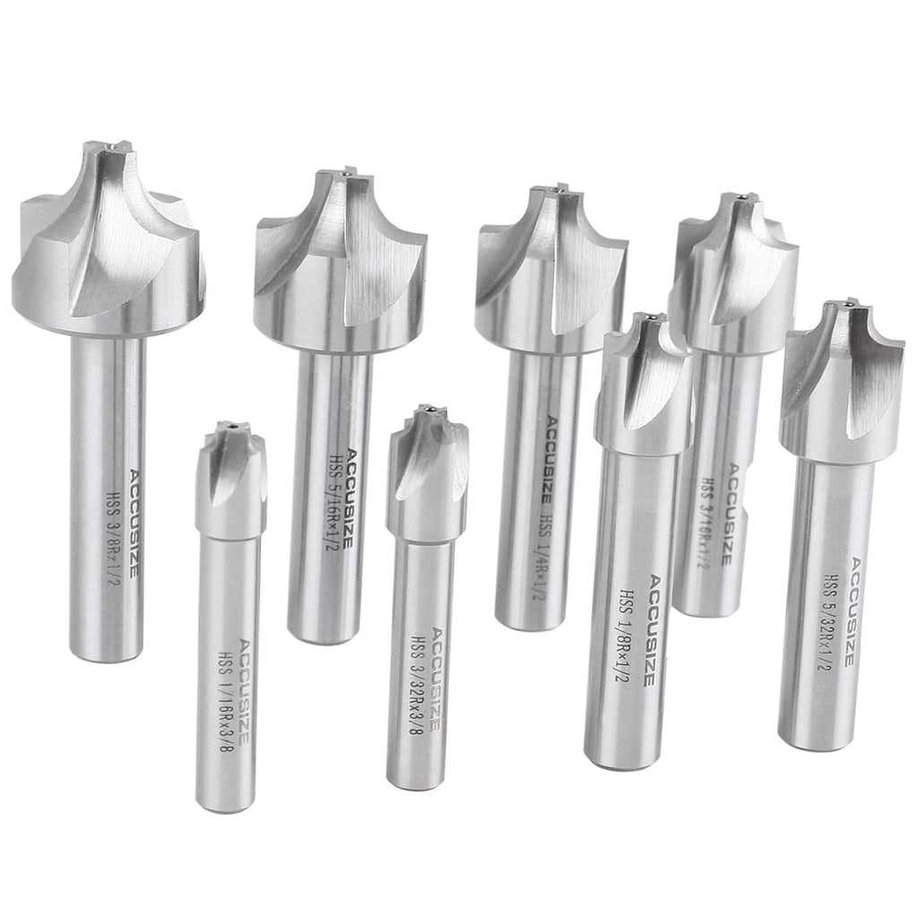 Accusize HSS Corner Rounding End Mill Set, 1/16" to 3/8", 8 Pcs