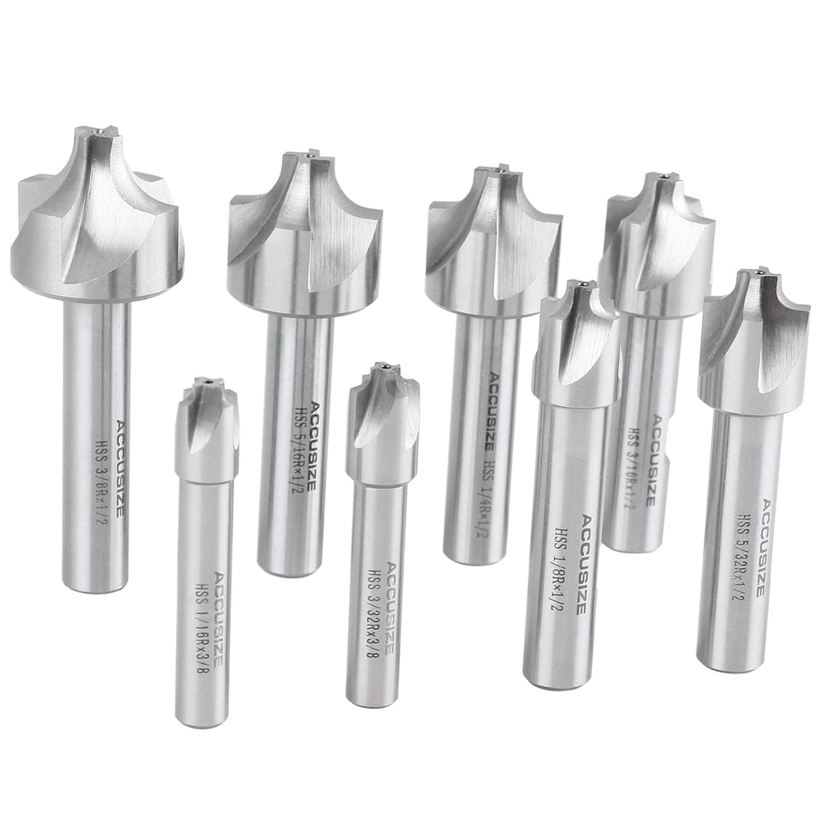Accusize HSS Corner Rounding End Mill Set, 1/16" to 3/8", 8 Pcs