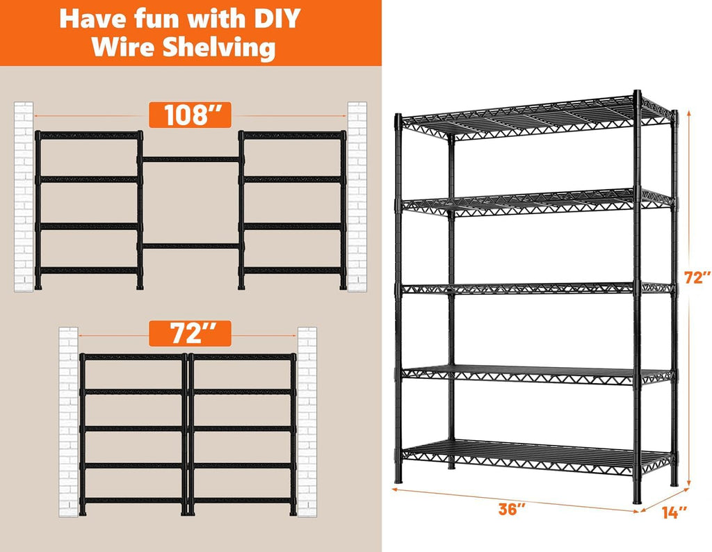 72''H Metal shelving 5 Tire Storage Shelves for Garage Shelving Adjustable Wire Shelving Rack Heavy Duty Shelving