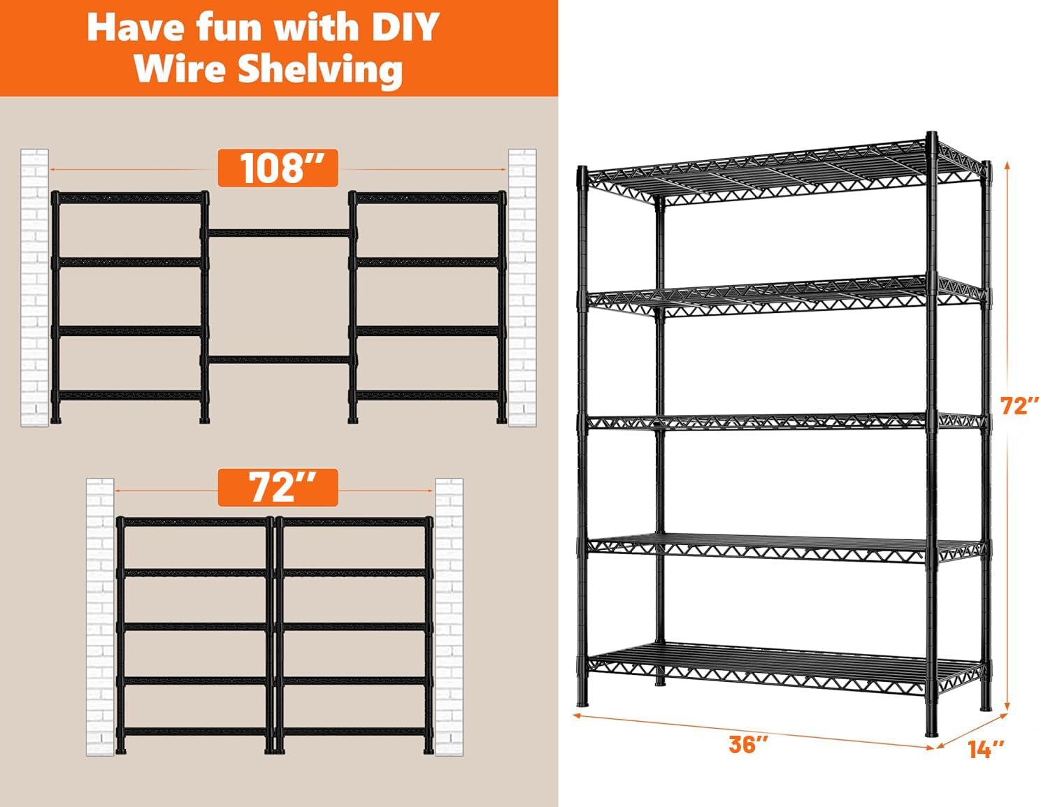 72''H Metal shelving 5 Tire Storage Shelves for Garage Shelving Adjustable Wire Shelving Rack Heavy Duty Shelving