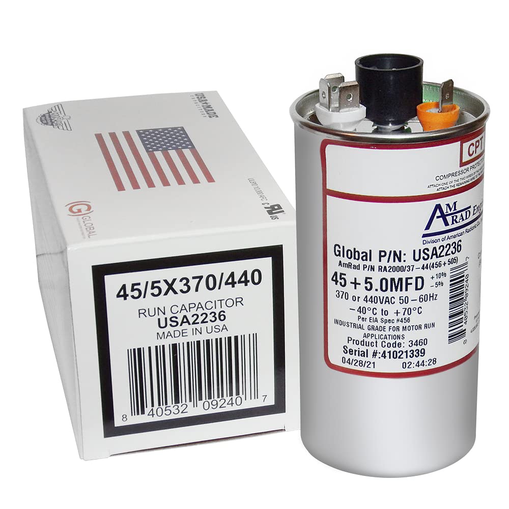 45 + 5 uf/Mfd Round Dual Universal Capacitor • AmRad USA2236 - Used for 370 or 440 VAC, Made in The U.S.A.