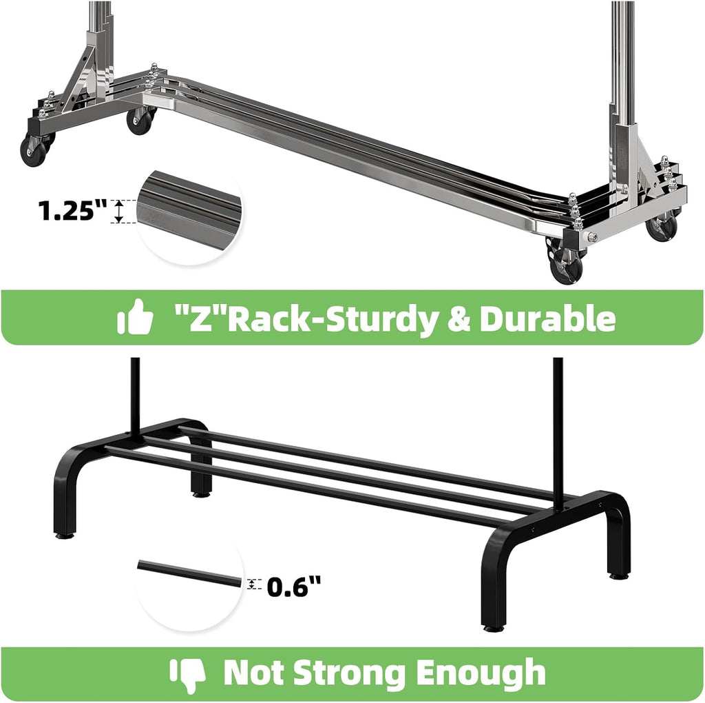 Industrial Grade Z Base 70inches Extra Long Clothes Garment Rack, Commercial Grade Rolling Clothing Rack, Heavy Duty