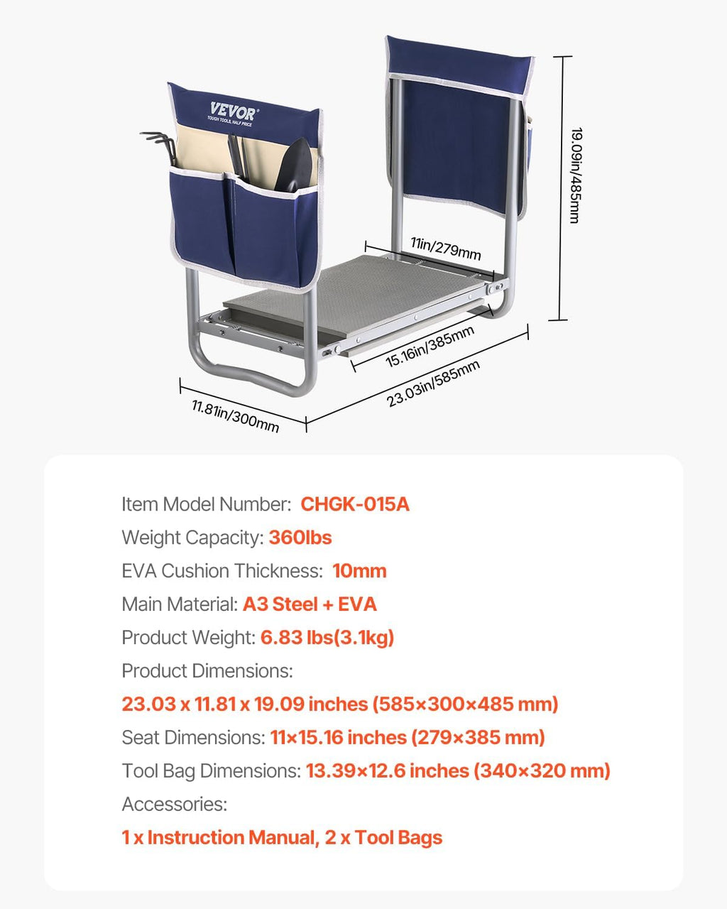 Garden Kneeler and Seat Heavy Duty, Portable Garden Stool with 11'' EVA Kneeling Pad and 2 Tool Bags, Folding Garden