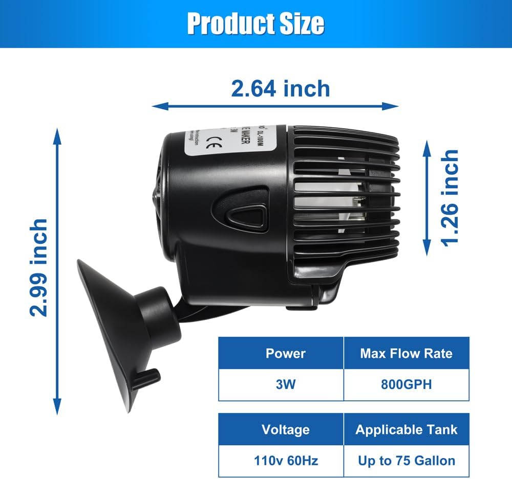 800GPH Mini Aquarium Circulation Pump Ultra-quiet Fish Tank Wave Maker With Suction Cup 360 Degree Rotatable Aquarium