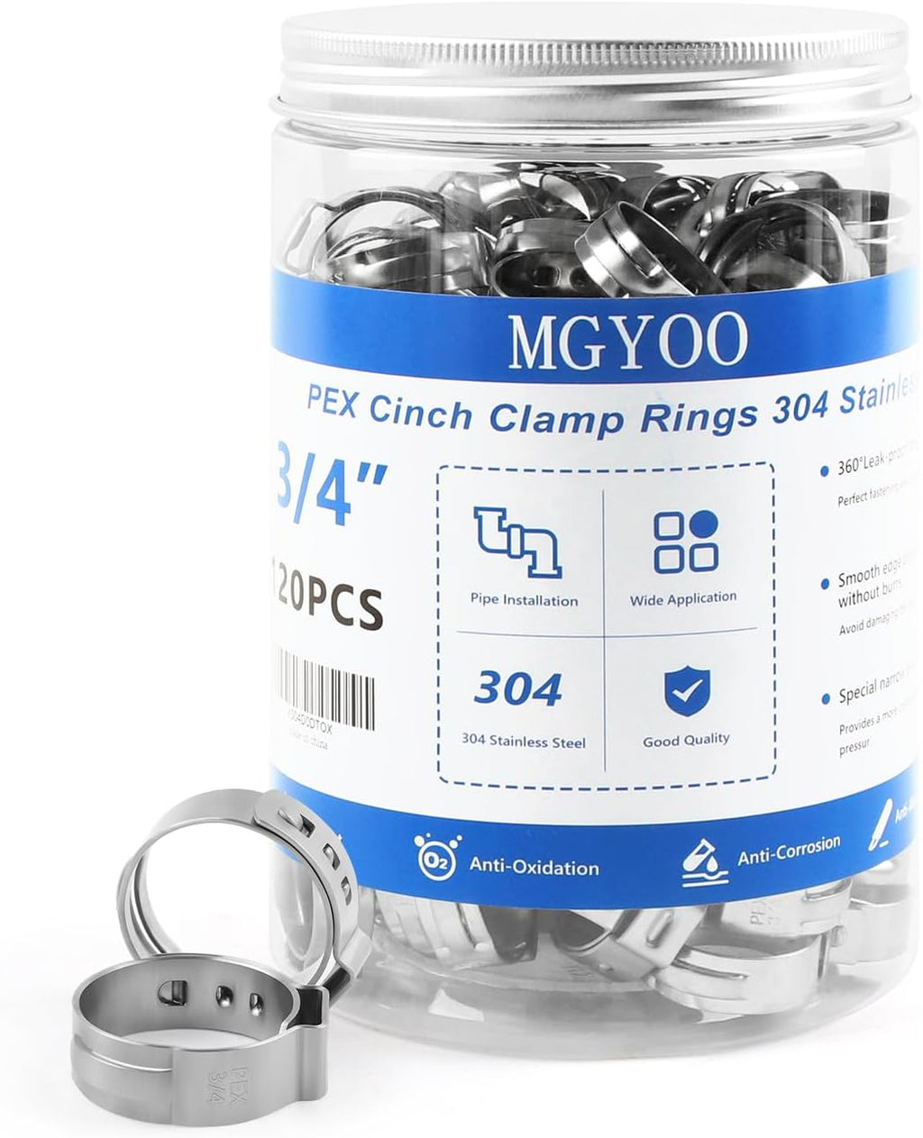 120PCS 3/4 Pex Crimp Rings, 304 Stainless Steel Pex Fittings