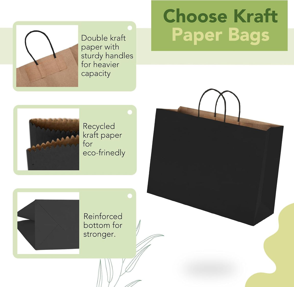 25 Pack Large Black Paper Bags with Handles, 16x6x12 Inch