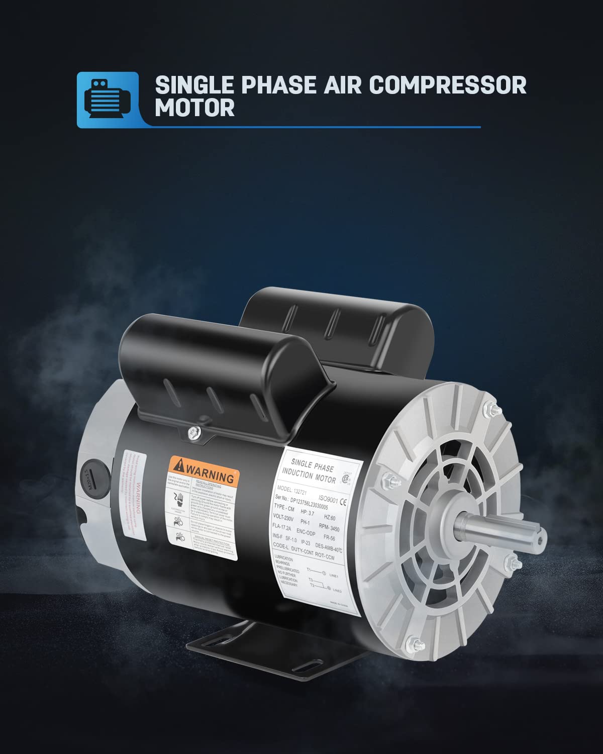 3.7 HP Air Compressor Motor 56 Frame Single Phase 3450RPM 230V ODP