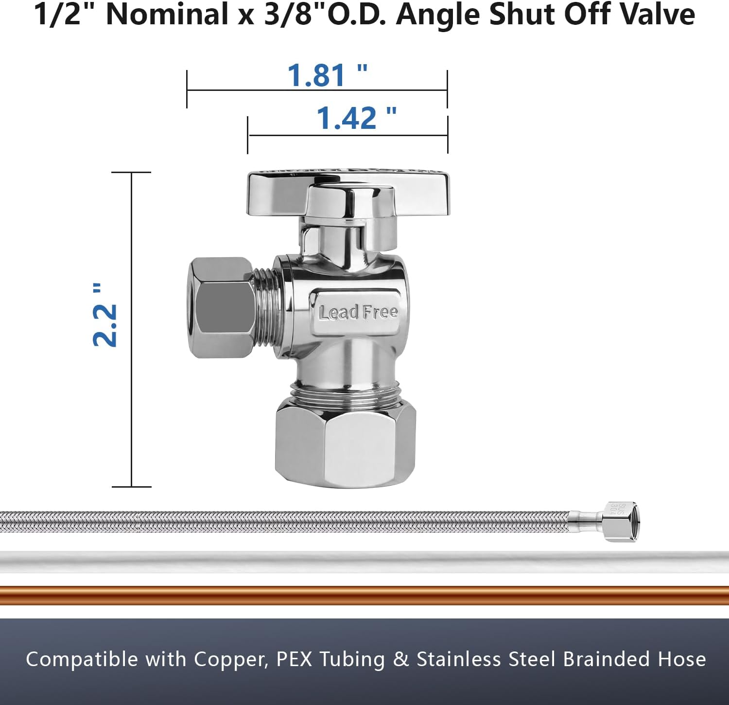 Angle Stop Valve 1/2" Nominal (5/8" OD) x 3/8" Compression | Quarter Turn Toilet Shut Off Reinforced Chrome Plated