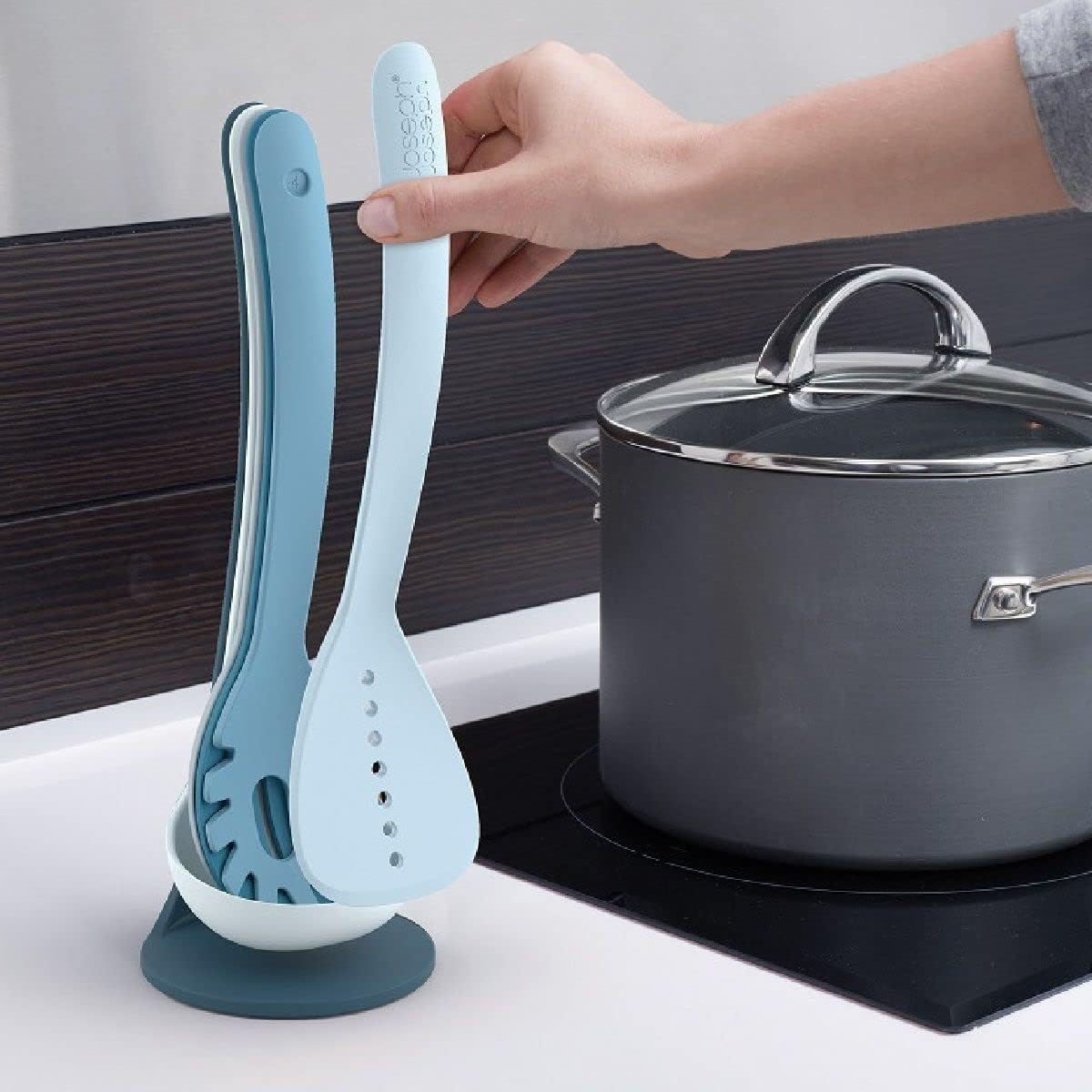 Nest Utensils Compact Stacking Kitchen Tool Set with Magnetic Storage Stand Nylon, 5-piece, Editions- Sky,Blue