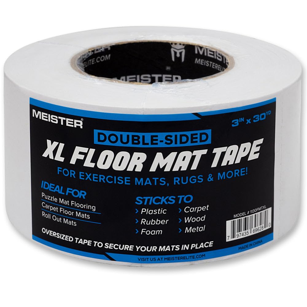 Double-Sided XL Floor Mat Tape - Secures Exercise Mats & Rugs in Place - 3in x 30yd | Extra strong 3" x 30yd floor
