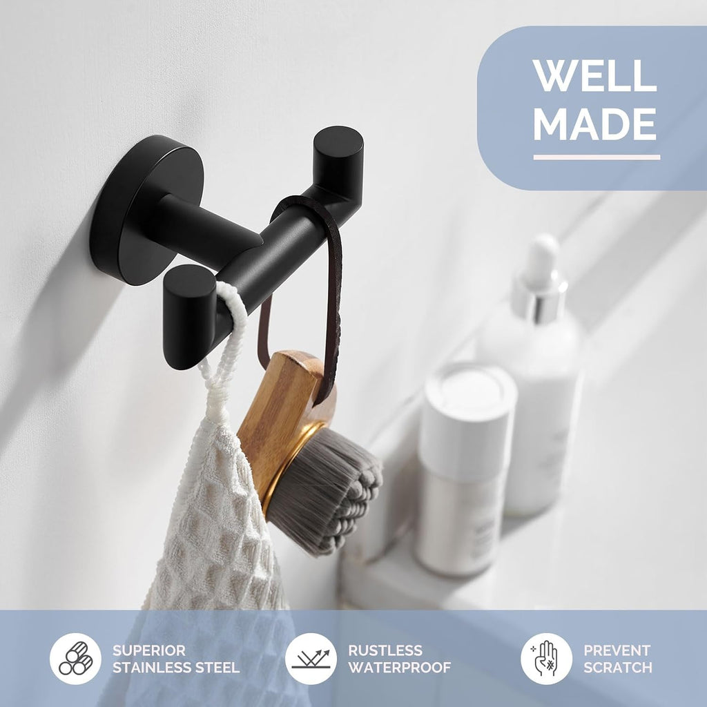 Double Towel Hook for Bathroom, Robe Coat Hook, Matte Black | Solid Rustproof SUS304 Stainless Steel, Bath Hand Towel