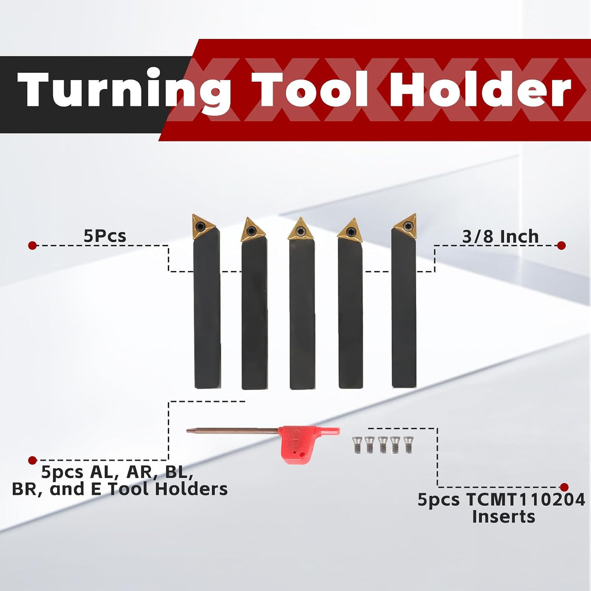 findmall 5Pcs 3/8″ Indexable Carbide Lathe Turning Tool Holder Kit