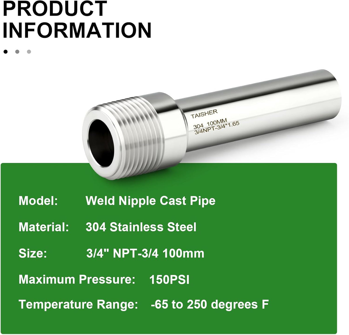 TAISHER 5PCS 304 Stainless Steel Pipe Fittings, 3/4" NPT Male Threaded, 4" Length Weld Nipple Cast Pipe