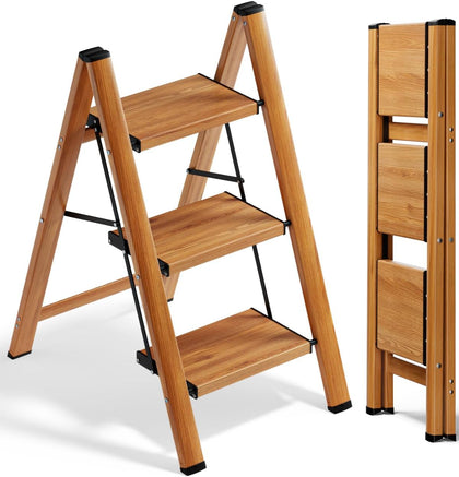 3 Step Ladder, Folding Aluminum 3 Step Stool with Anti-Slip Wide Sturdy Pedal, Multi-Use for Home and Kitchen, Space