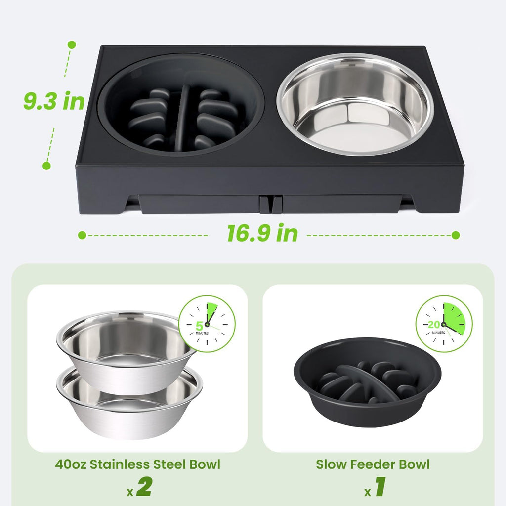Elevated Dog Bowls - 5 Adjustable Heights Stand, 2 Stainless Steel Bowls & 1 Slow Feeder, 3.2" to 12.2" for Small to