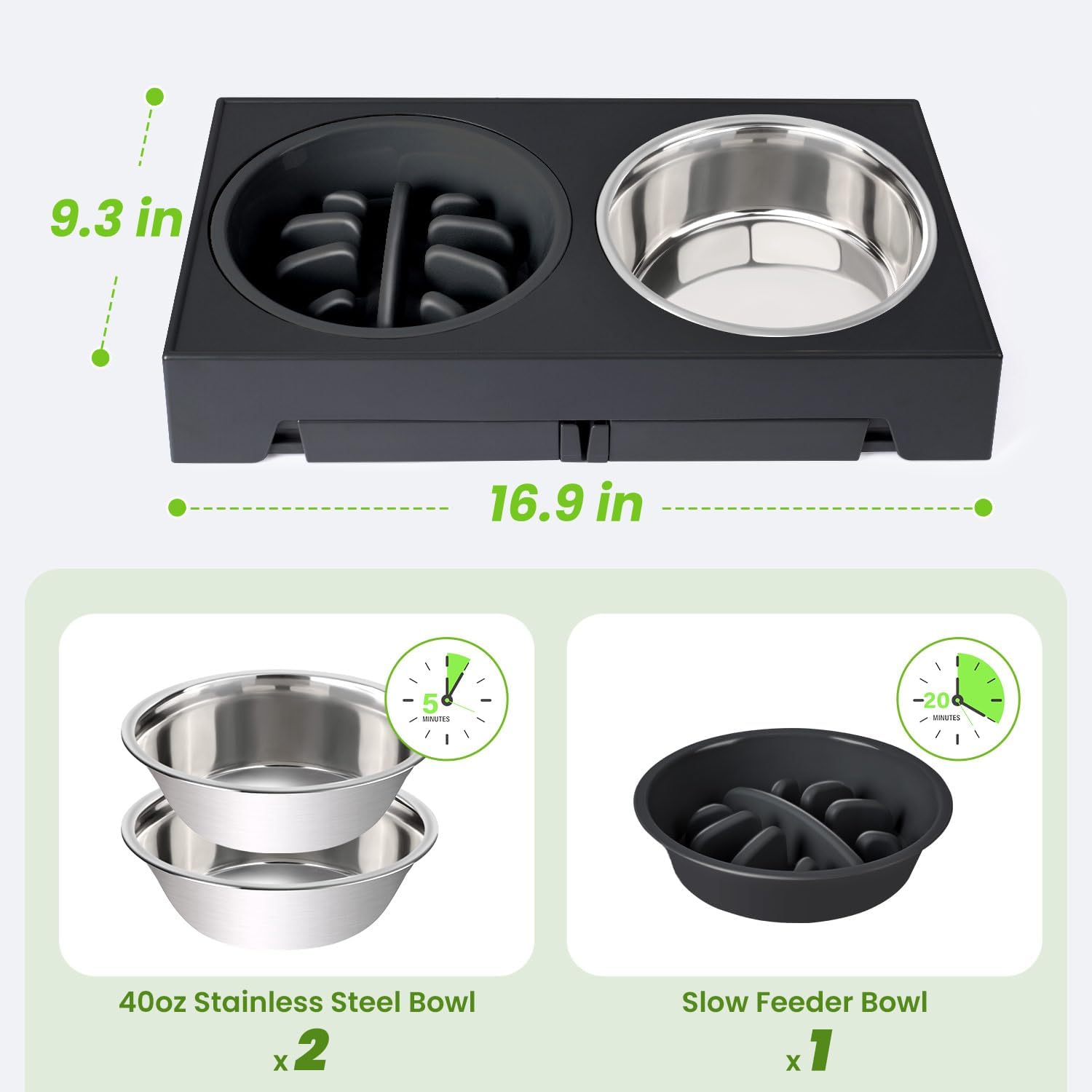 Elevated Dog Bowls - 5 Adjustable Heights Stand, 2 Stainless Steel Bowls & 1 Slow Feeder, 3.2" to 12.2" for Small to