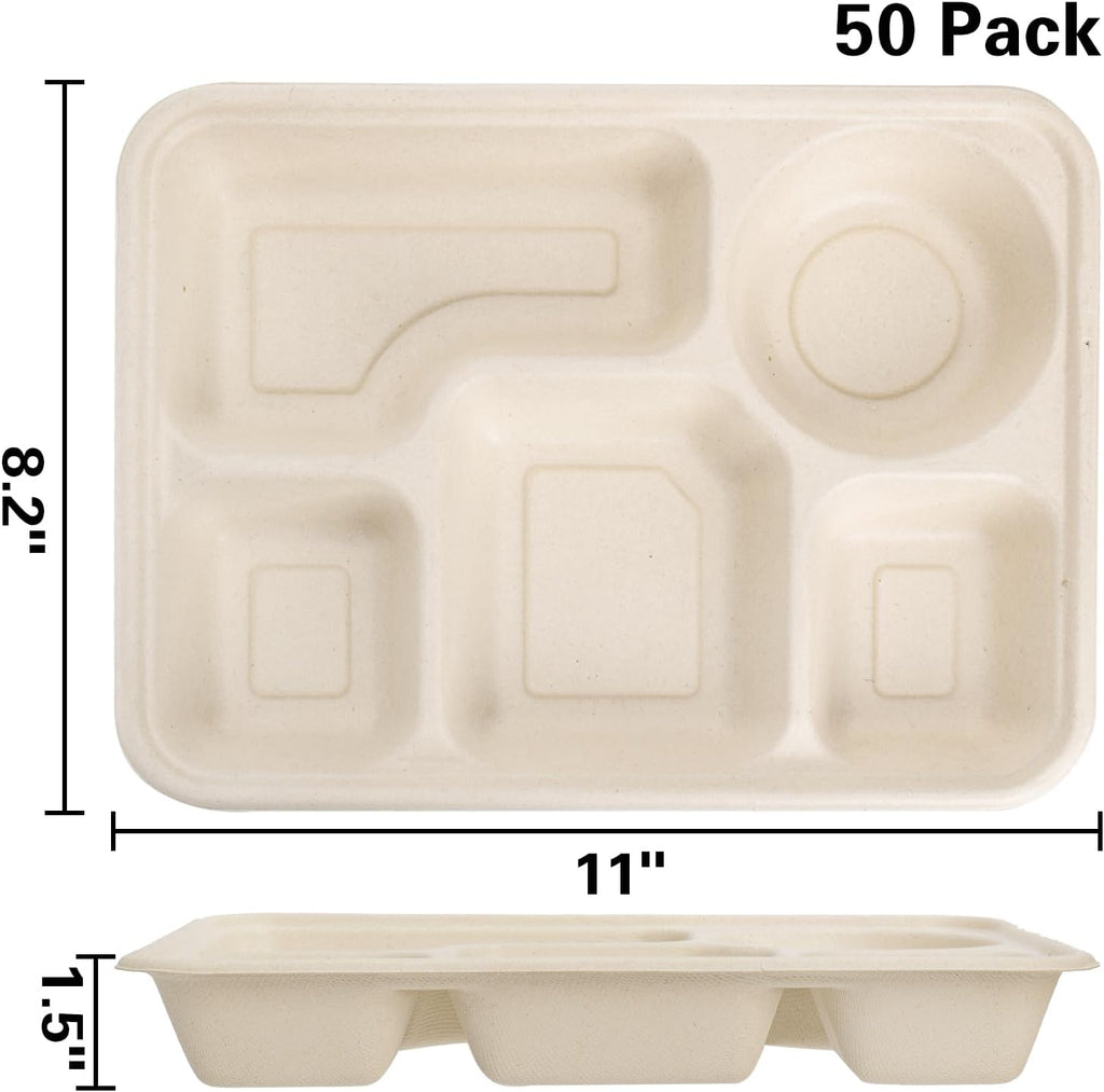 50 Pack 5 Compartment Paper Plates Disposable, 11" x 8" Compostable Bagasse Plate School Lunch Trays, Biodegradable