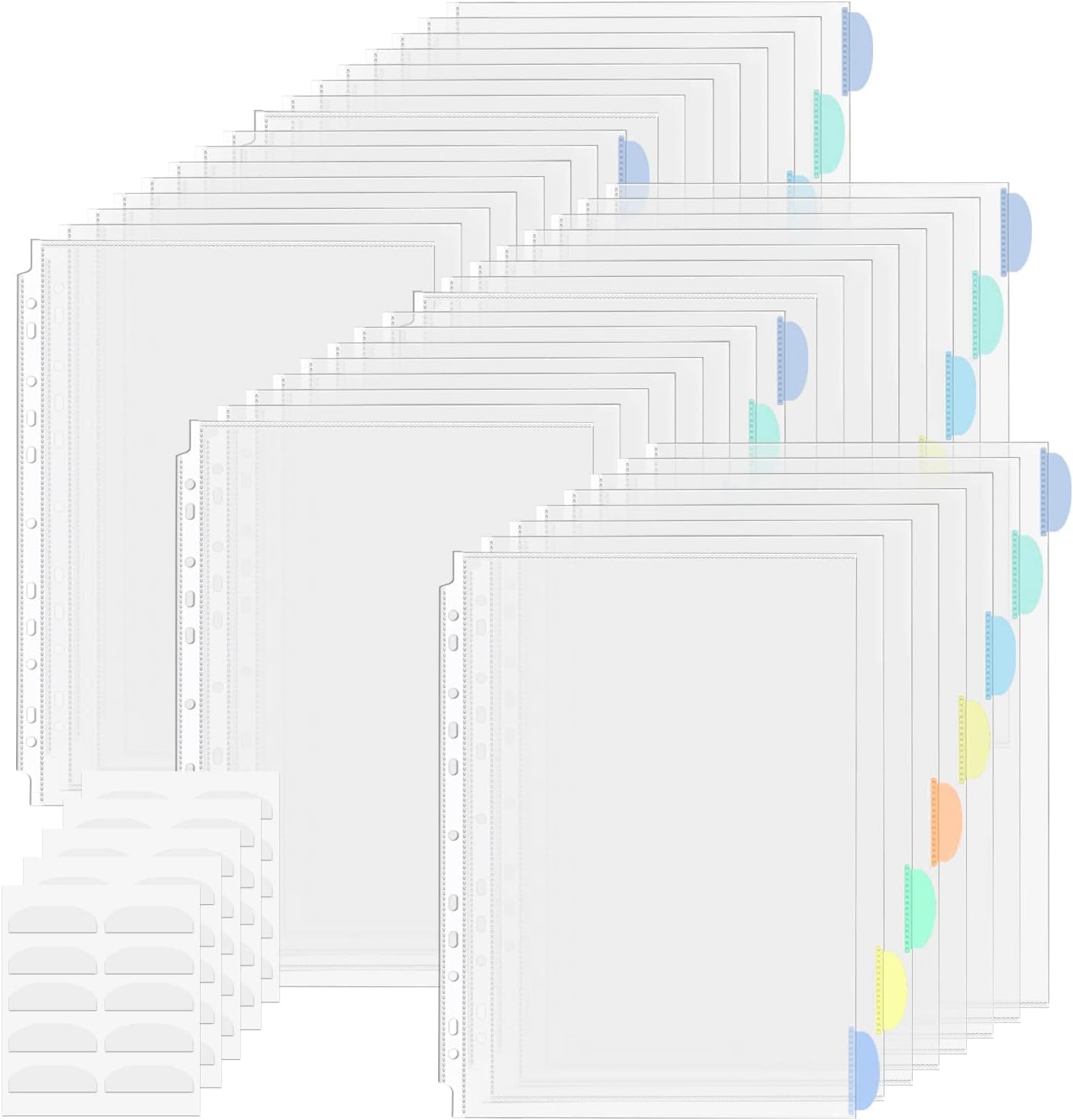 5 Set of 40 Pack A4 Plastic Sleeves Binder Index Dividers Pocket Dividers for 2/3/4 Ring Binder with 8 Tabs，Clear