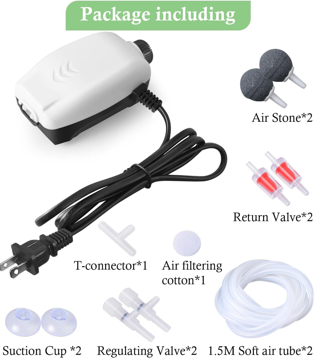 2W Nano Whisper Aquarium Air Pump, 57GPH Adjustable Dual Outlet Fish Tank Oxygen Pump, Aquarium Aerator for 1-50