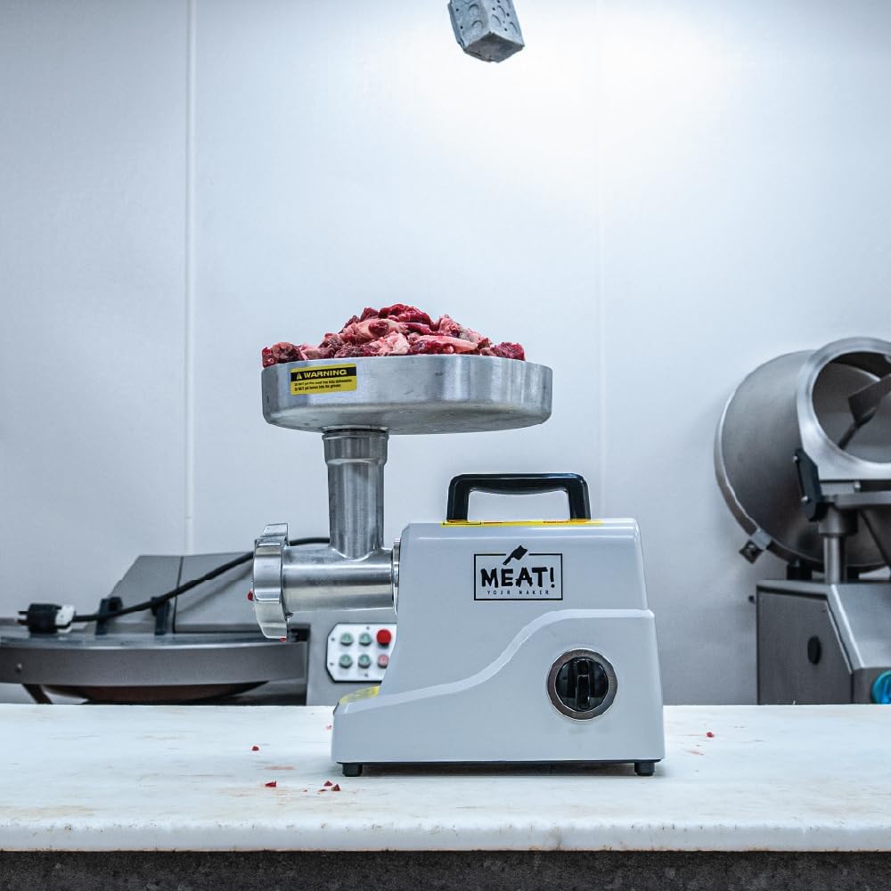 MEAT! 500 Watt Pro-Grade Meat Grinder #12 with Electric Motor, Coarse and Fine Grinding Plates, Stuffing Tubes