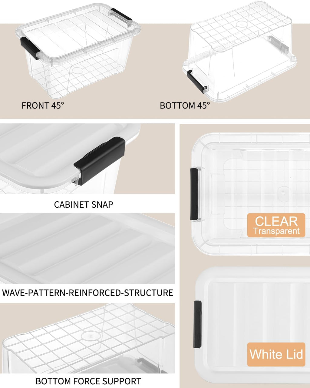 Plastic Storage Bins with Lids 6 Pack, 7 Quart Storage Containers With Black Buckle Latch, Stackable Storage
