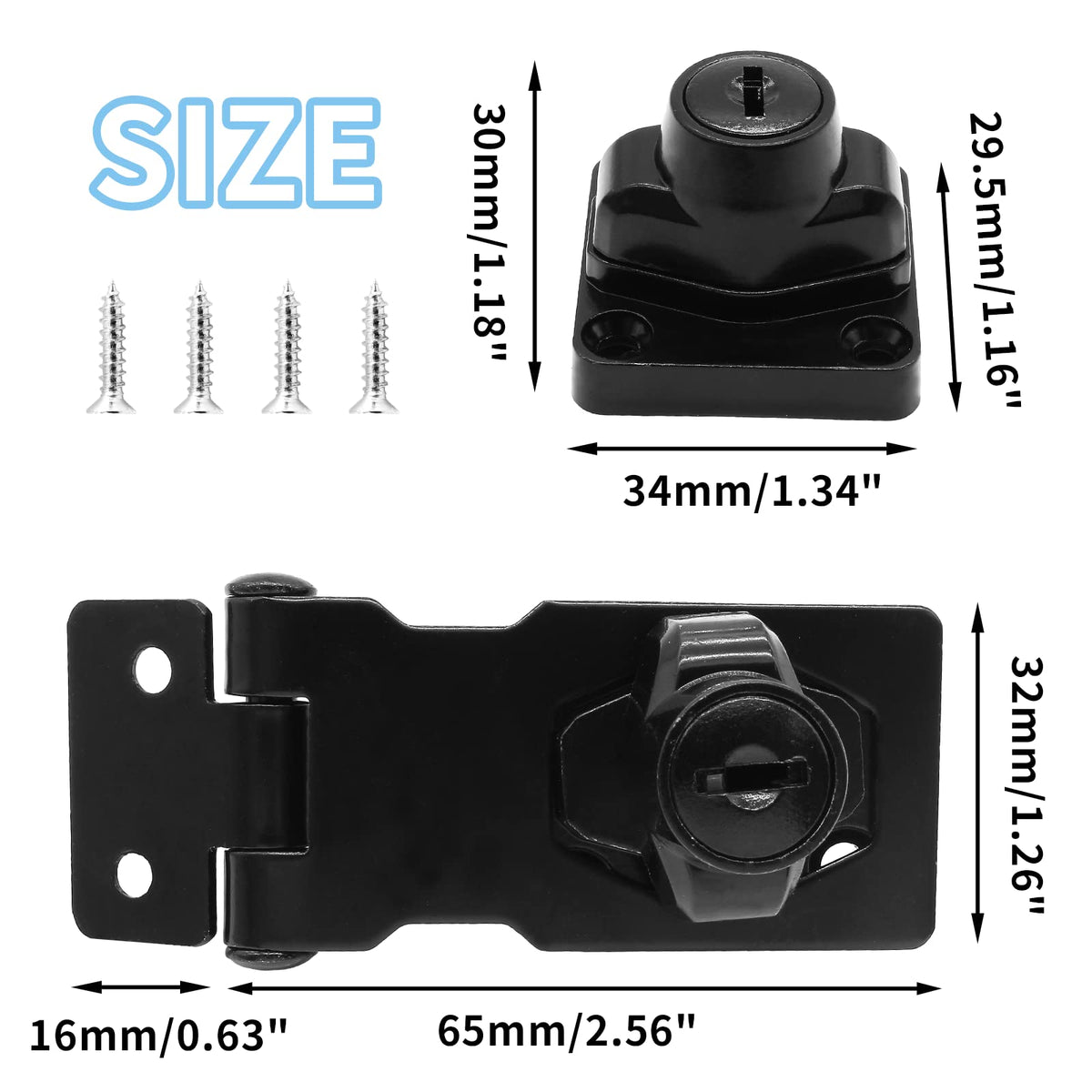 2 Pcs Keyed Hasp Locks, 2.5 Inch, Black Safety Hasp with Lock