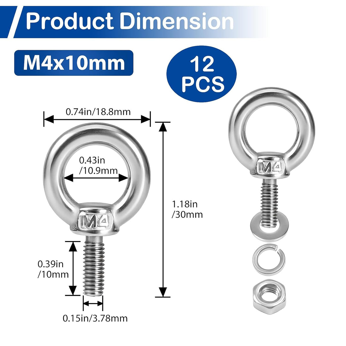 12 Pack M4 Stainless Eye Bolts with Nuts Washers, 0.39"(10mm) Thread Length