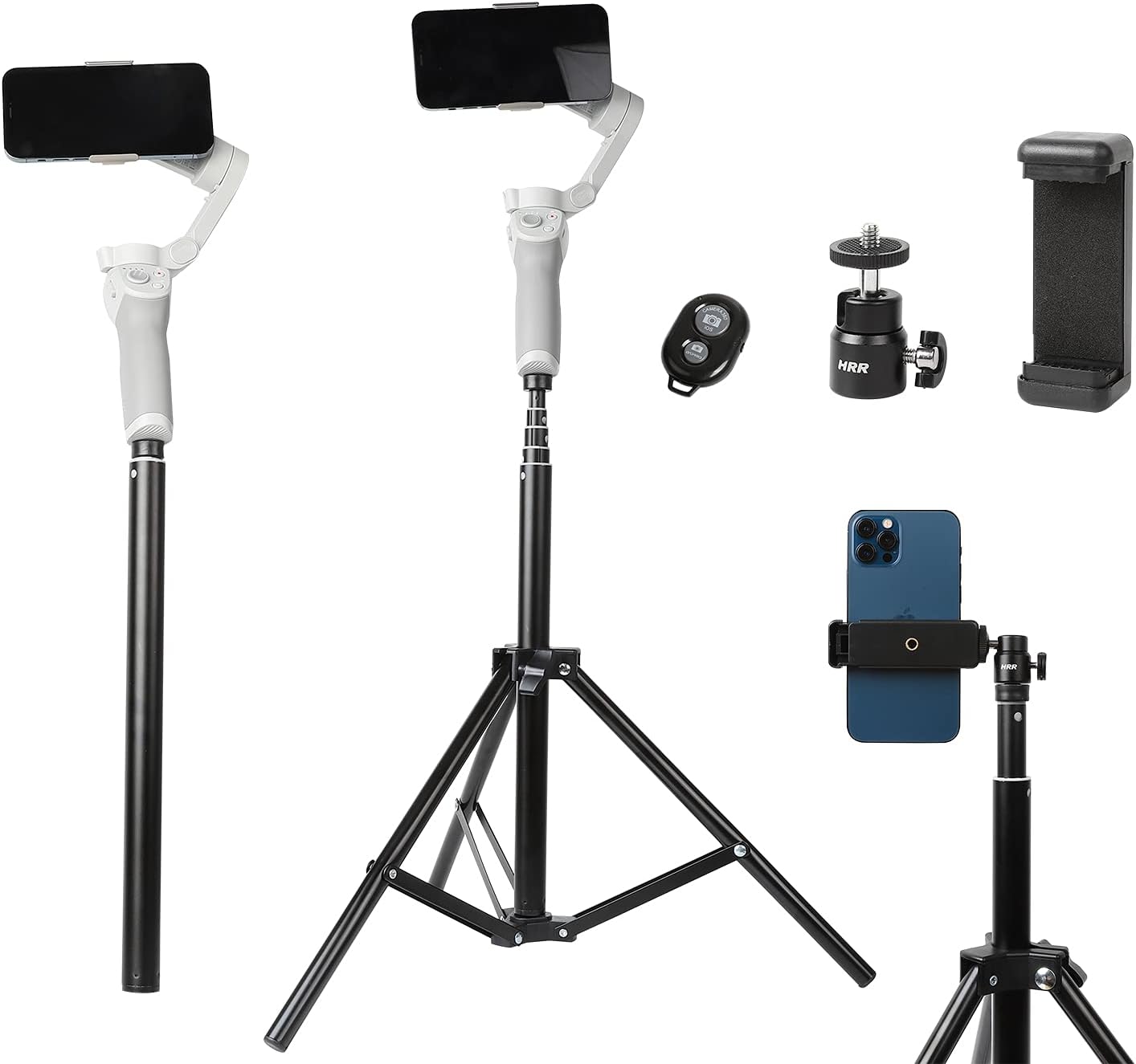 2in1 Tripod Extension Rod 59in Adjustable Selfie Stick with Phone Clip for DJI OM4 SE 5/Osmo Mobile 6 3 2/Feiyu