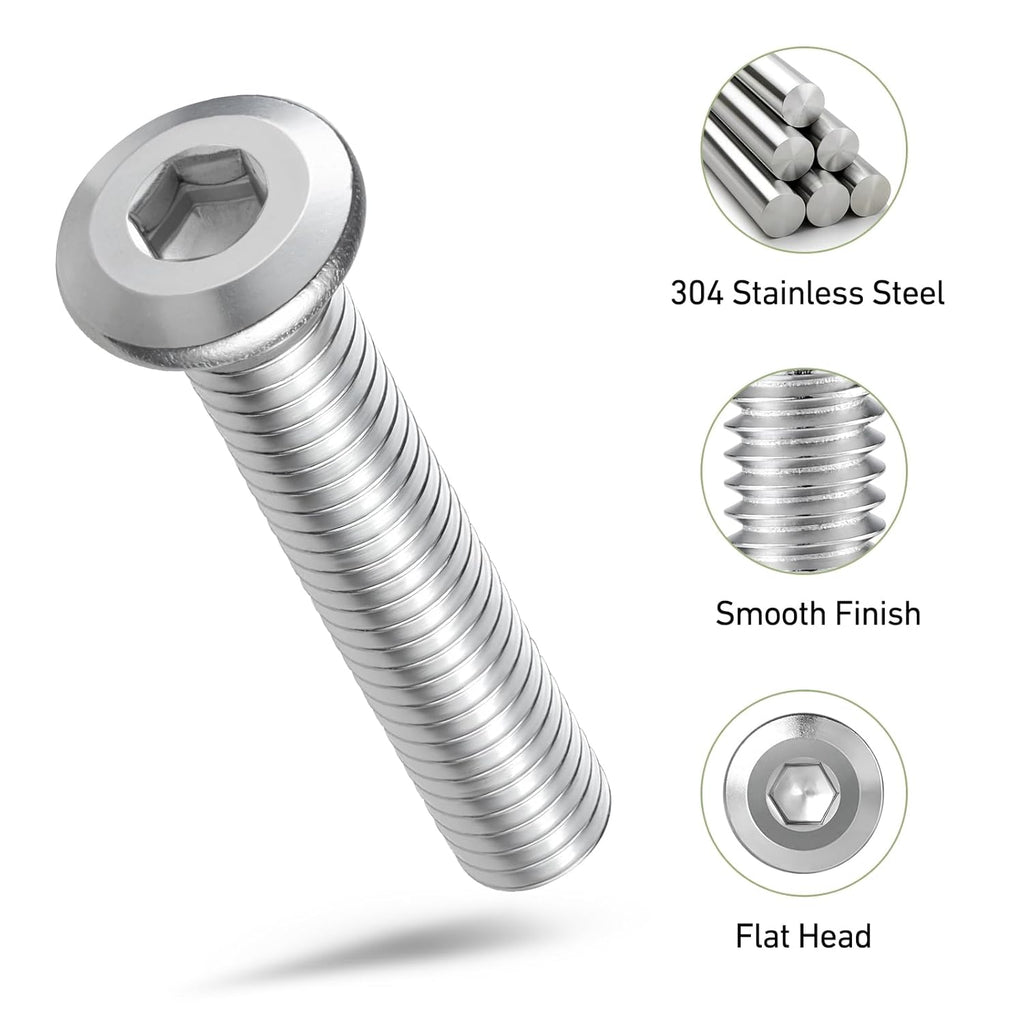 3/8-16 x 1 Bolt, 25PCS Flat Head Hex Socket Cap Screws Bolts, 304 Stainless Steel 18-8, Fully Threaded, with Hex Spanner