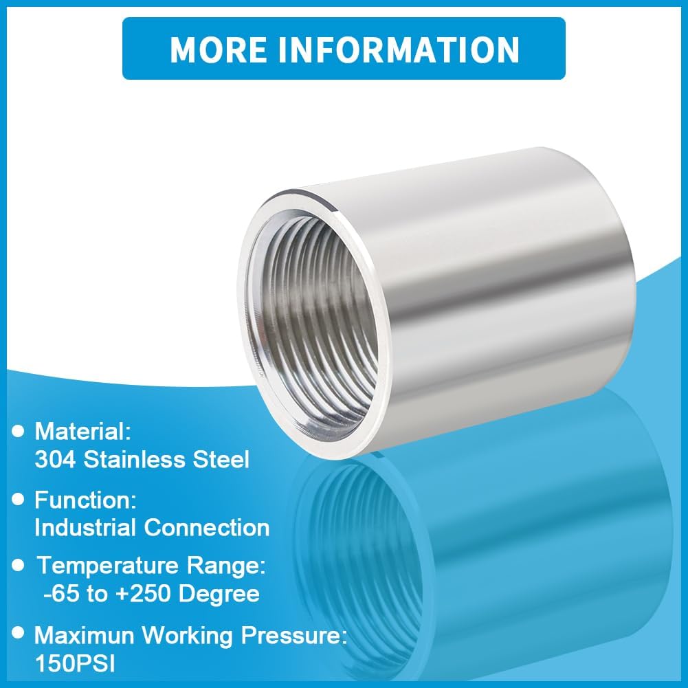 Quickun 304 Stainless Steel Pipe Coupling Fitting, 3/4" x 3/4" Female Pipe Coupler Connector Adapter Fitting (1.4" Length)