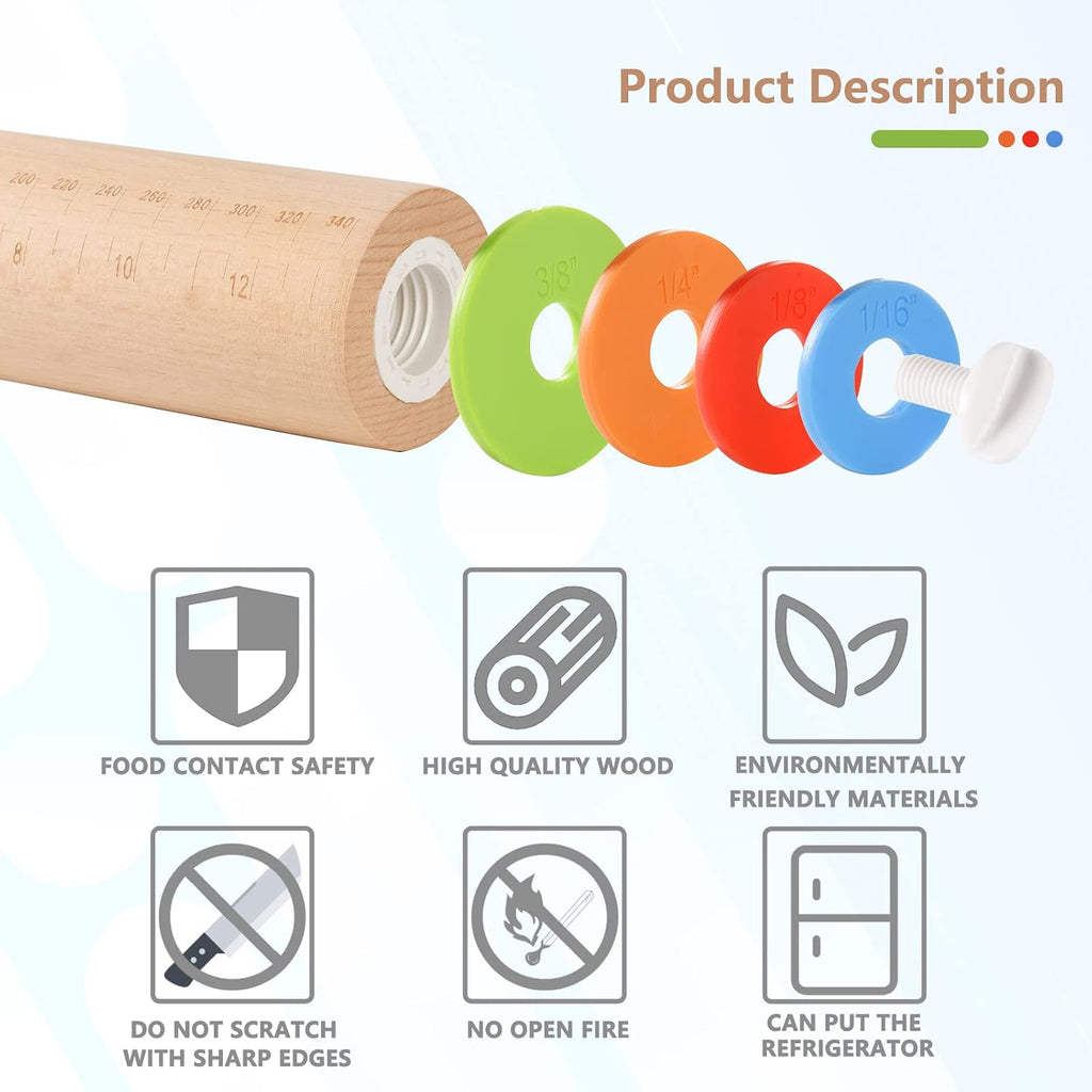 Wood Rolling Pin With 4 Adjustable Thickness Rings, Non-stick Dough Roller For Baking, 17 Inch Pizza Roller For