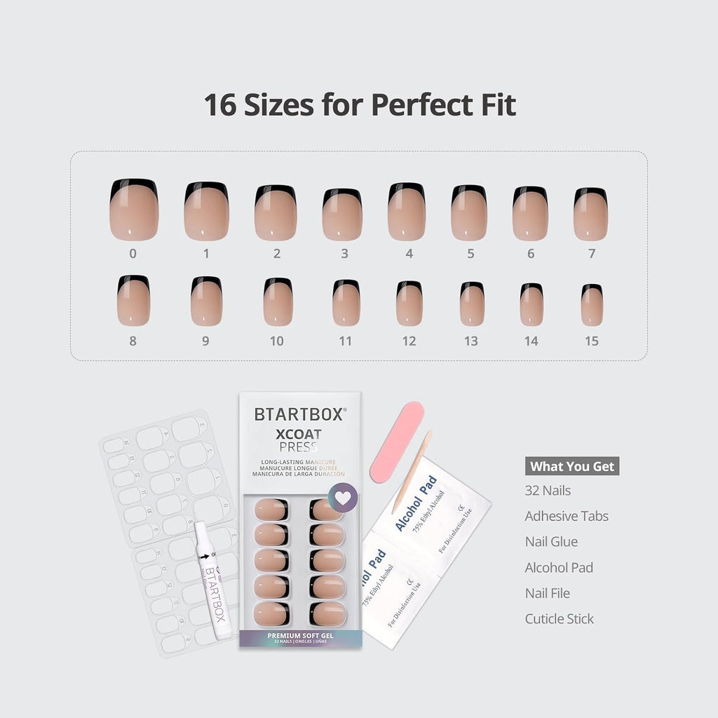 Press On Nails, French Tip Short Square Nails, 32Pcs Full Kit