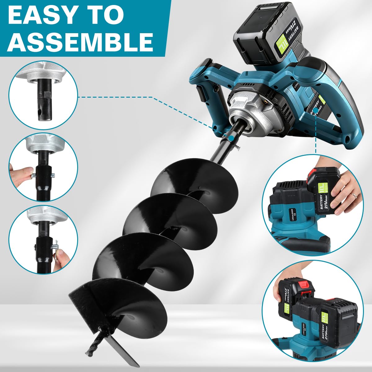 Post Hole Digger,Cordless Earth Auger,Electric Earth Auger,Includes 1twist Drill bit with Two Batteries and one