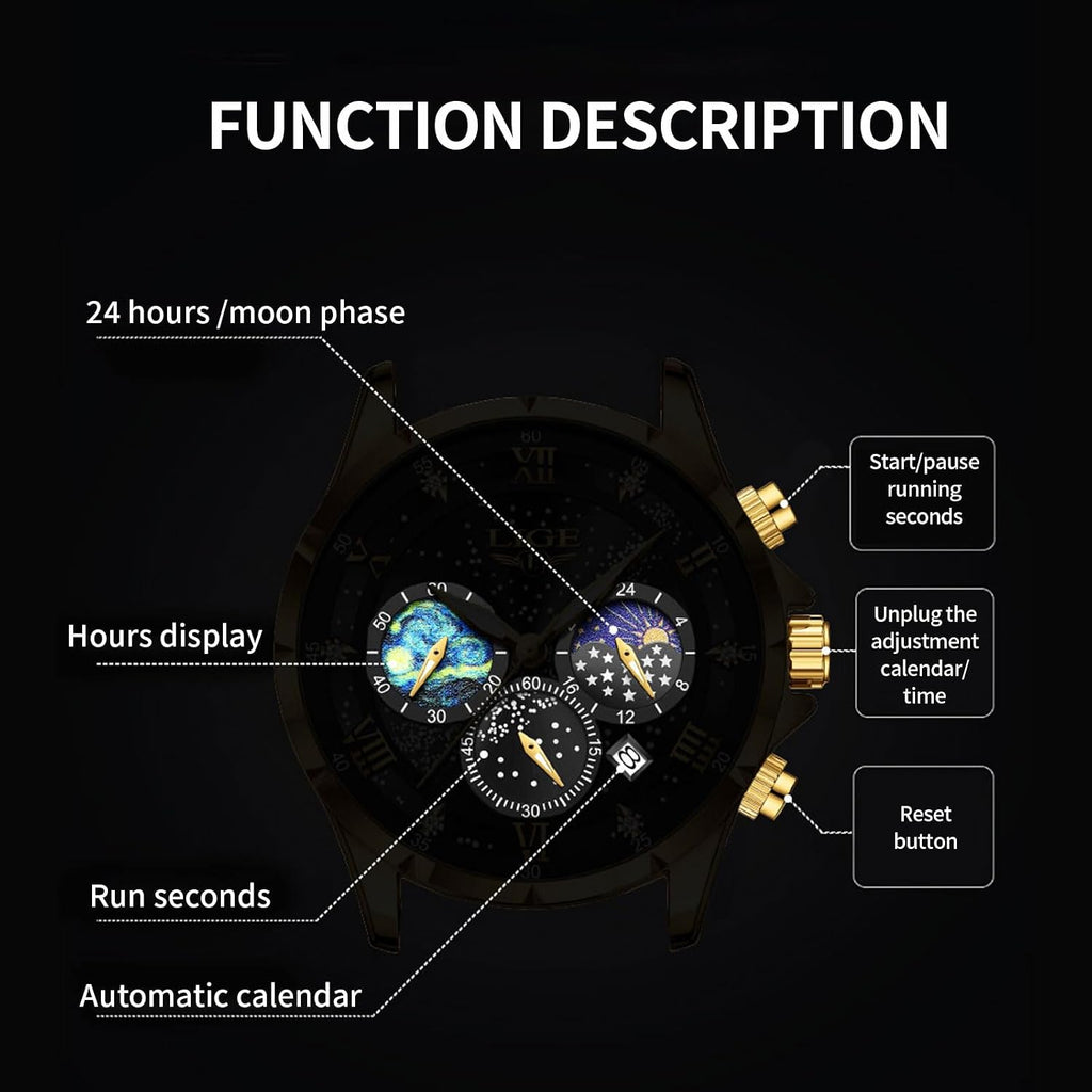 Waterproof Watches for Men Analog Dress Water Proof Chronograph Work Casual Leather Water-Resistant Lunar Phase