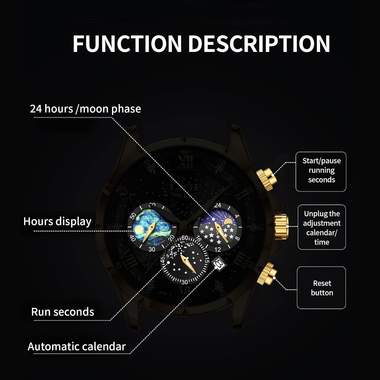 Waterproof Watches for Men Analog Dress Water Proof Chronograph Work Casual Leather Water-Resistant Lunar Phase