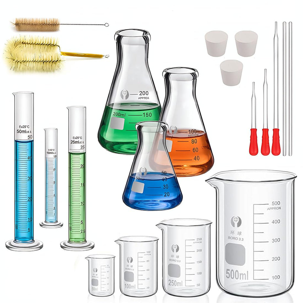 Glass Beakers Cylinder Erlenmeyer Flask Pipettes Glassware Set | 4 Beaker 500/250/100/50ml, 3 Flask 150/100/50ml, 3