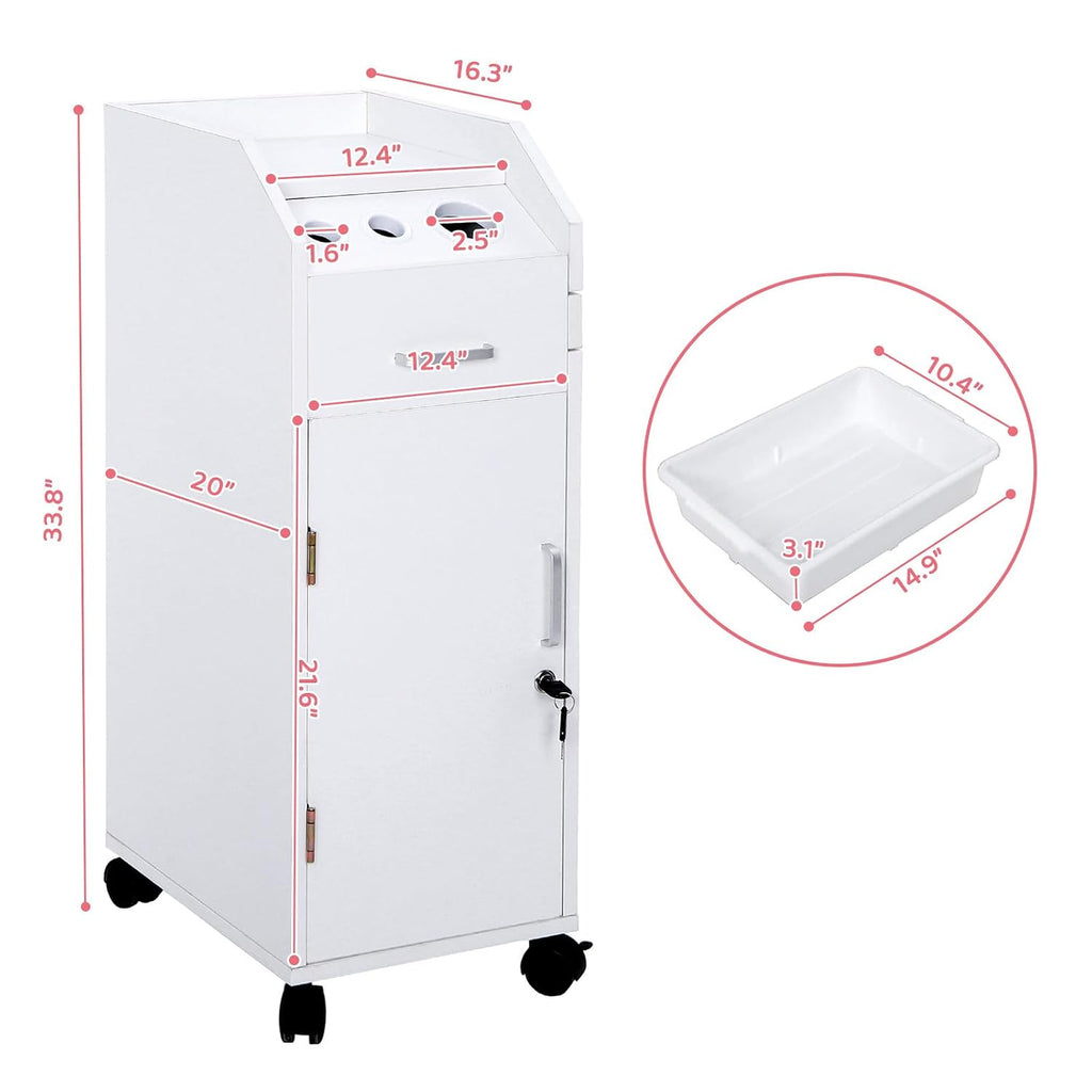 Salon Trolley Cart with 4 Trays, 3 Hair Dryer Holders, White | Lockable Beauty Storage Cabinet with 4 Drawers