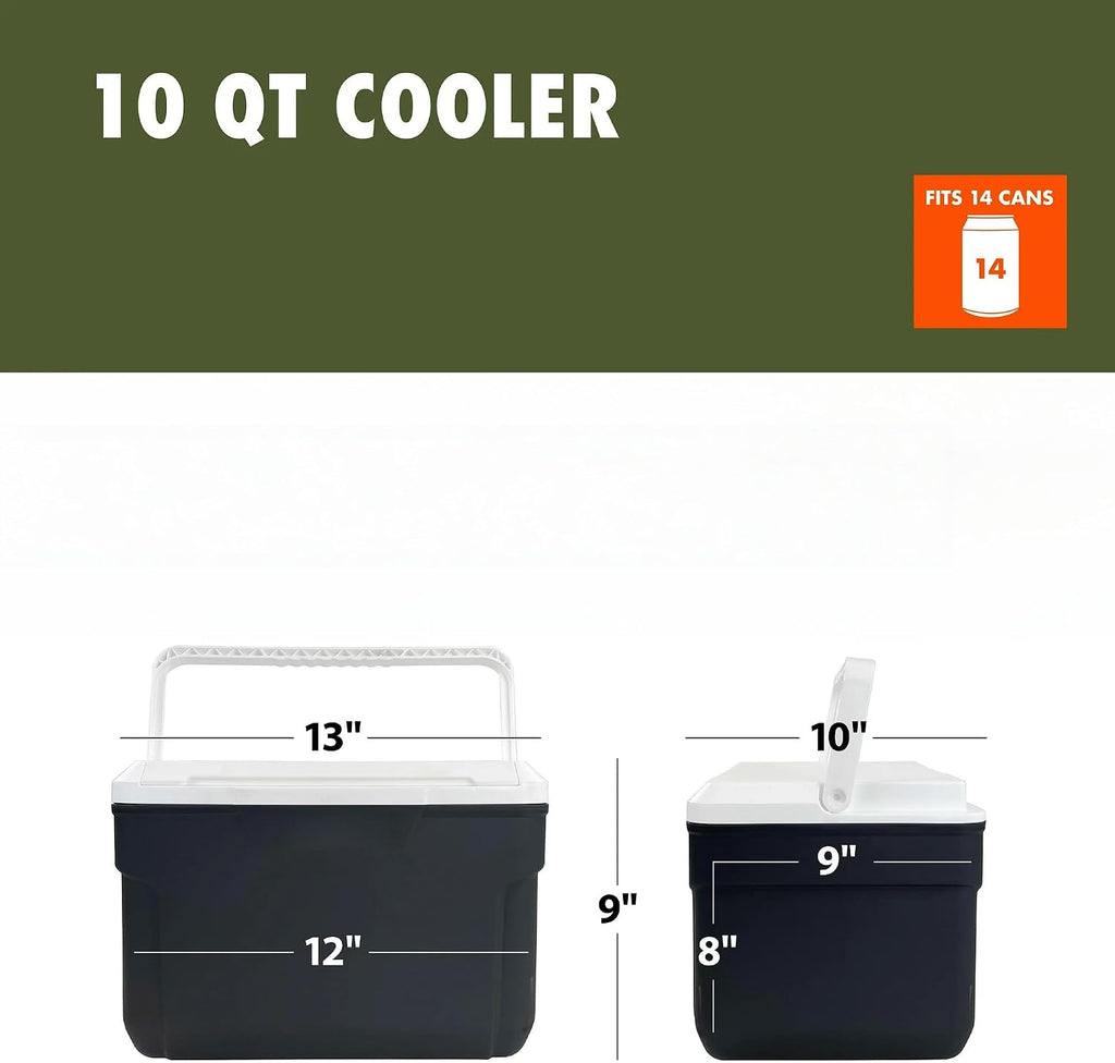 10 Quart Hard Sided Cooler – Portable Ice Chest Holds 14 Cans, Lightweight 2.78 lbs with Swing-Up Handle for Camping