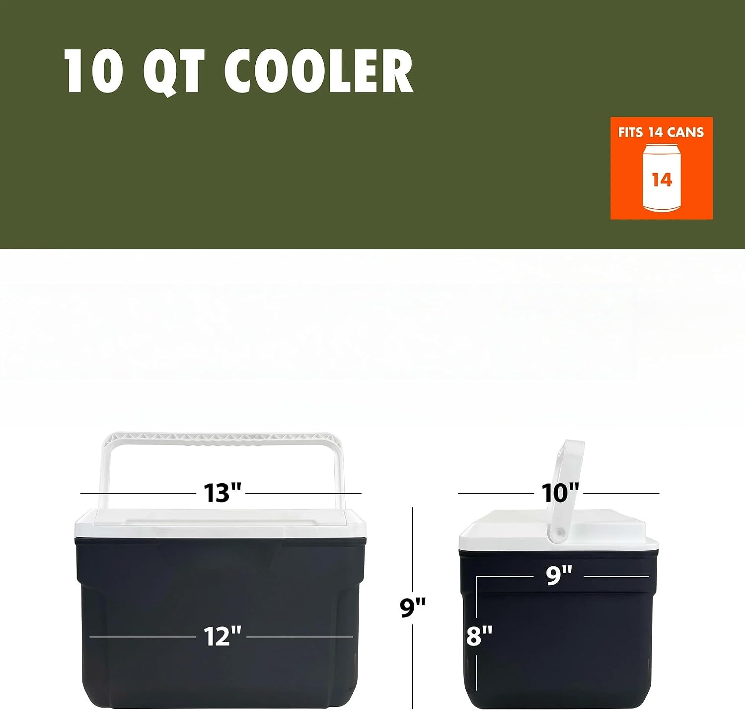 10 Quart Hard Sided Cooler – Portable Ice Chest Holds 14 Cans, Lightweight 2.78 lbs with Swing-Up Handle for Camping