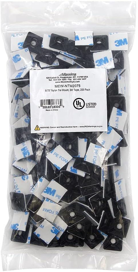 0.75 Inch Zip Tie Mounts, 3M Tape Self Adhesive, Black, 200 Pack | Cord Management, Cable Tie Anchors, Desk & Table